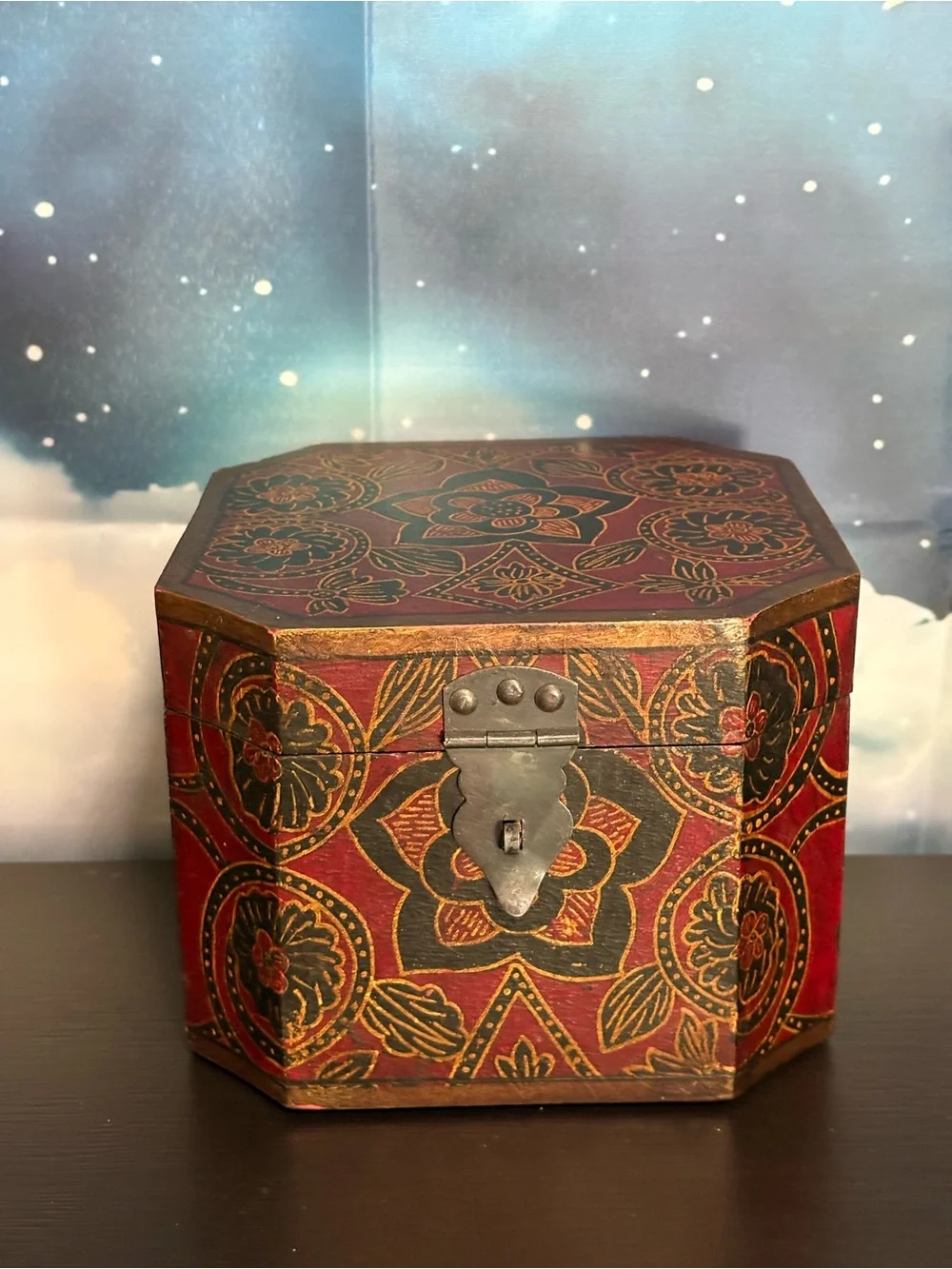 Pier One Decorative Box Floral red, black,gold wooden storage keepsake. PO
